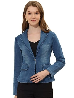 Women's Notched Lapel Button Up Long Sleeve Washed Denim Blazer