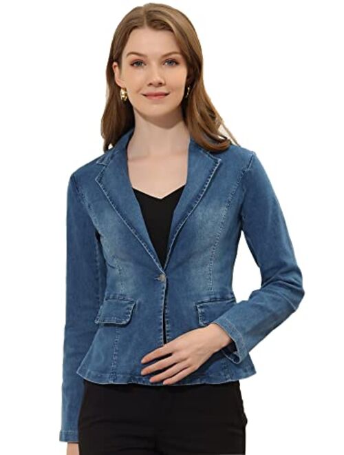 Allegra K Women's Notched Lapel Button Up Long Sleeve Washed Denim Blazer