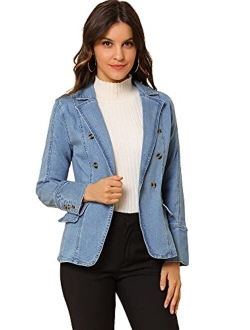 Women's Jean Blazer Lapel Long Sleeve Work Office Denim Jacket with Pockets