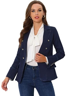 Women's Jean Blazer Lapel Long Sleeve Work Office Denim Jacket with Pockets