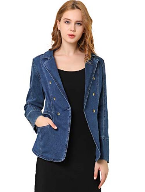 Allegra K Women's Jean Blazer Lapel Long Sleeve Work Office Denim Jacket with Pockets