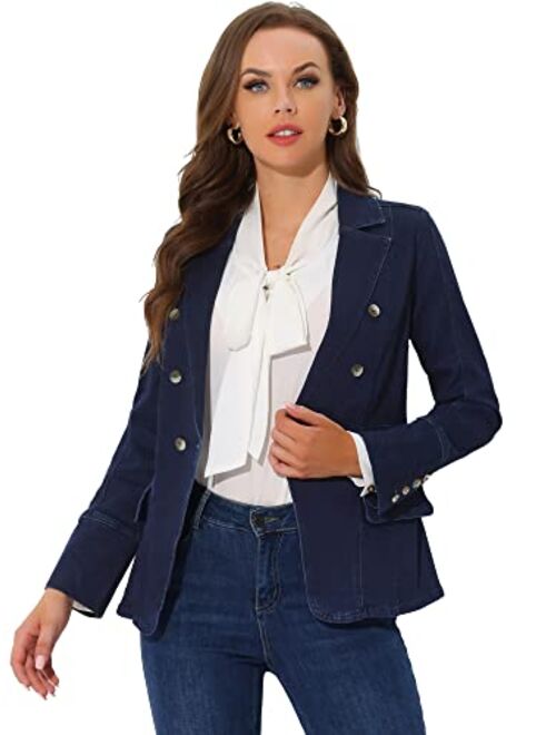 Allegra K Women's Jean Blazer Lapel Long Sleeve Work Office Denim Jacket with Pockets