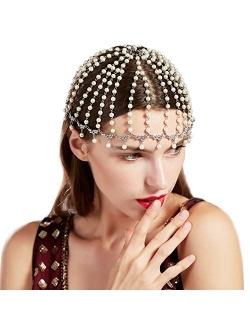 BABEYOND 1920s Crystal Cap Headpiece Rhinestone Head Chain Roaring 20s Great Gatsby Hair Accessories for Art Deco Party