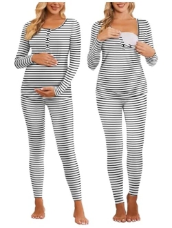 Women's Button Down Nursing Thermal Underwear Maternity Pajamas Microfiber Fleece Lined Winter Pjs Set Long John Set