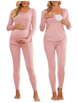 Women's Button Down Nursing Thermal Underwear Maternity Pajamas Microfiber Fleece Lined Winter Pjs Set Long John Set