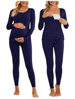 Women's Button Down Nursing Thermal Underwear Maternity Pajamas Microfiber Fleece Lined Winter Pjs Set Long John Set