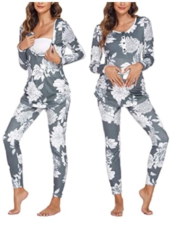 Women's Button Down Nursing Thermal Underwear Maternity Pajamas Microfiber Fleece Lined Winter Pjs Set Long John Set