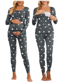 Women's Button Down Nursing Thermal Underwear Maternity Pajamas Microfiber Fleece Lined Winter Pjs Set Long John Set