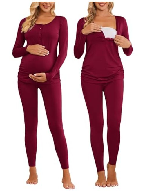 Ekouaer Women's Button Down Nursing Thermal Underwear Maternity Pajamas Microfiber Fleece Lined Winter Pjs Set Long John Set