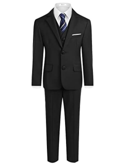 Boyoo Boy's 4 Pieces Formal Suit Set Slim Fit Blazers Outfit with Jacket, Vest, Dress Pants and Tie for Kids Size 5-14 Years