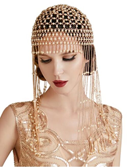 BABEYOND 1920s Pearl Flapper Cap Headpiece Roaring 20s Gatsby Pearl Head Chain