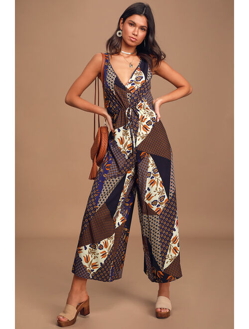 Lulus Bon Voyage Navy Blue Mixed Print Wide-Leg Jumpsuit