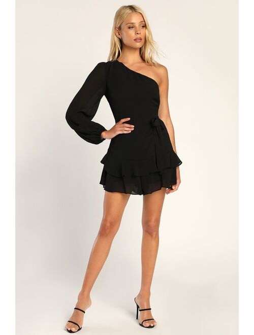 Lulus Pretty and Playful Black One-Shoulder Long Sleeve Romper