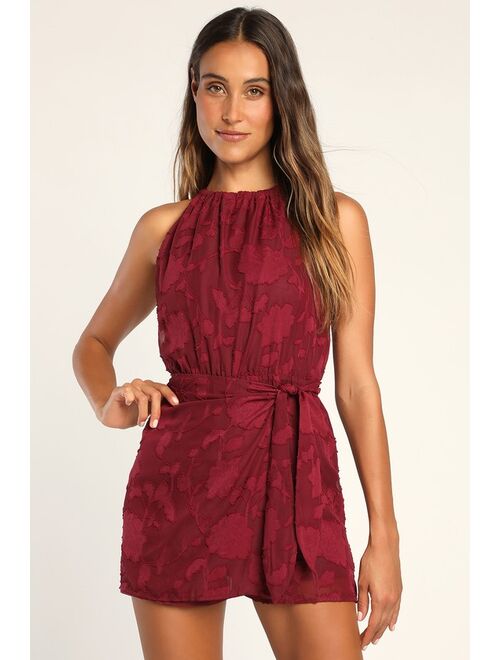 Lulus Thoughts of Love Wine Red Burnout Chiffon Skort Romper