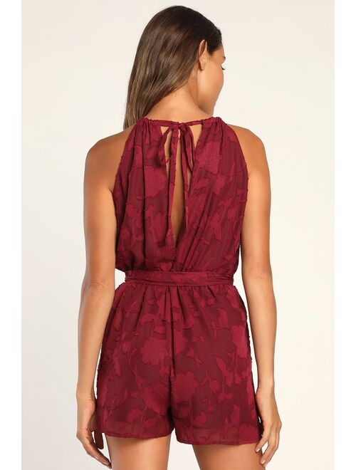 Lulus Thoughts of Love Wine Red Burnout Chiffon Skort Romper