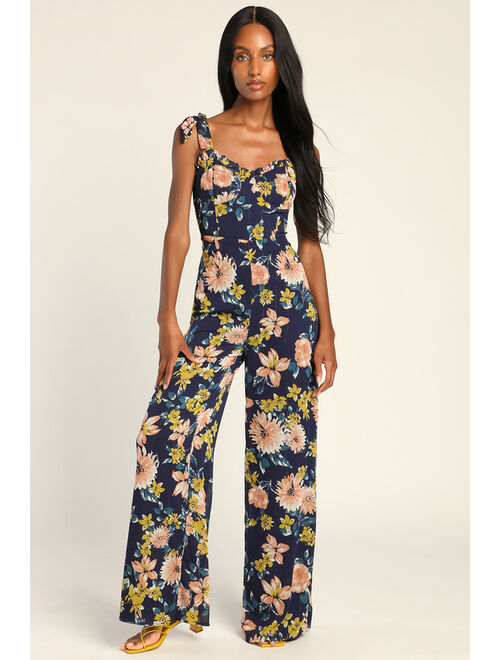 Lulus Flowery Forever Navy Blue Floral Lurex Tie-Strap Jumpsuit