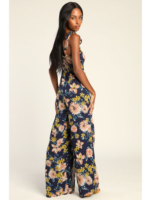 Lulus Flowery Forever Navy Blue Floral Lurex Tie-Strap Jumpsuit