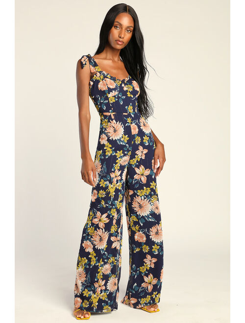 Lulus Flowery Forever Navy Blue Floral Lurex Tie-Strap Jumpsuit