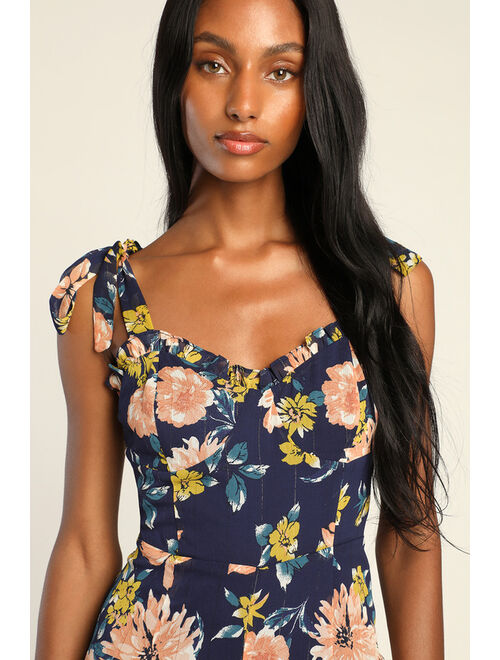 Lulus Flowery Forever Navy Blue Floral Lurex Tie-Strap Jumpsuit