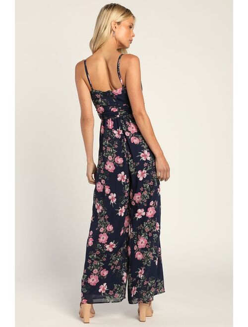 Lulus Flowering Expression Navy Blue Floral Ruffled Wide-Leg Jumpsuit