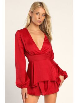 Tier for the Show Red Crinkle Satin Tiered Skort Romper