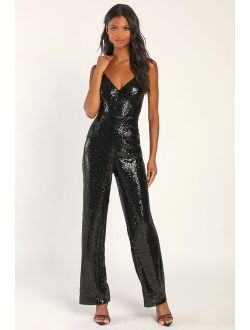 Disco Diva Black Sequin Backless Jumpsuit