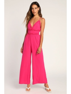 Jump to It Magenta Backless Ruffled Wide-Leg Jumpsuit