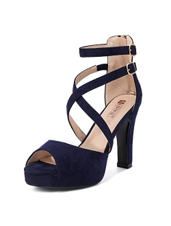 Women's IN5 Charcy Crisscross Strappy Platform High Chunky Heels Peep Toe Pump Party Heeled Sandals