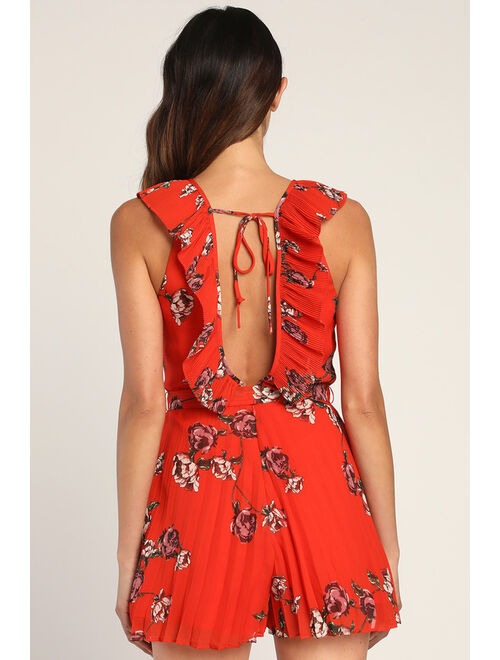 Lulus Loved By You Red Orange Floral Print Pleated Chiffon Romper