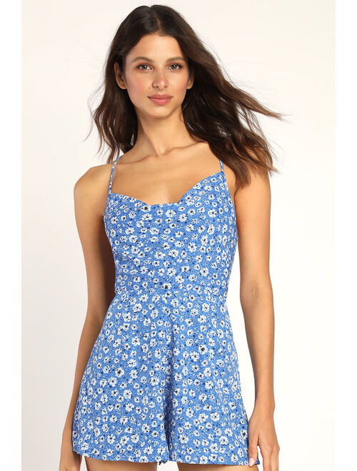 Lulus Sweet Affection Blue Floral Print Backless Lace-Up Romper