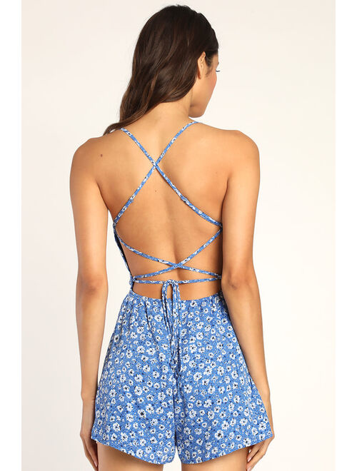 Lulus Sweet Affection Blue Floral Print Backless Lace-Up Romper