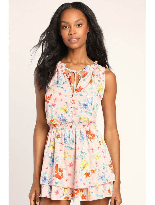 Lulus Dressed for Delight Blush Floral Print Ruffled Skort Romper