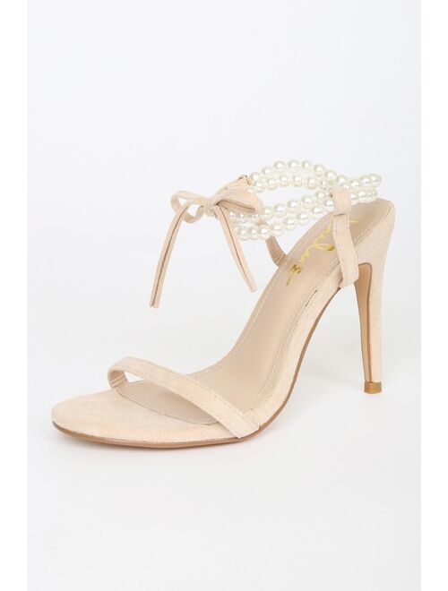 Lulus Letzy Light Nude Suede Pearl Lace-Up High Heel Sandals