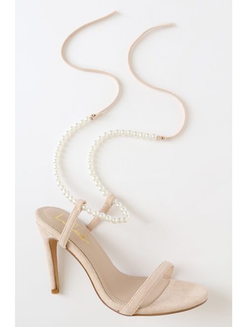 Lulus Letzy Light Nude Suede Pearl Lace-Up High Heel Sandals