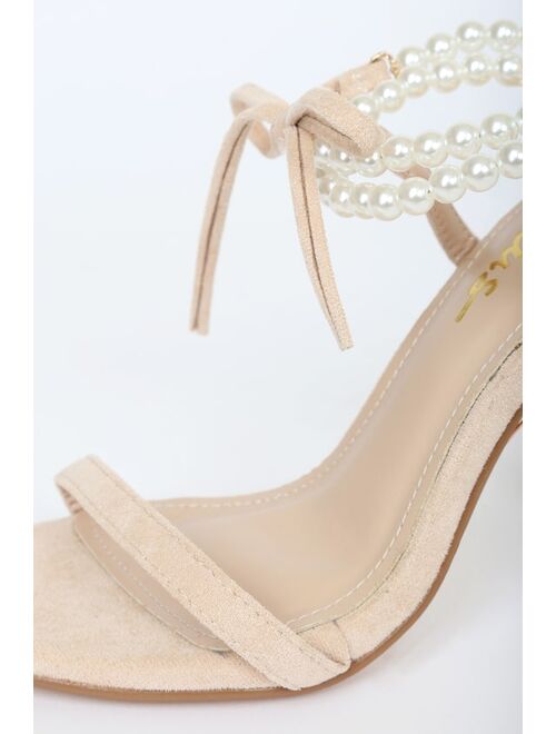 Lulus Letzy Light Nude Suede Pearl Lace-Up High Heel Sandals