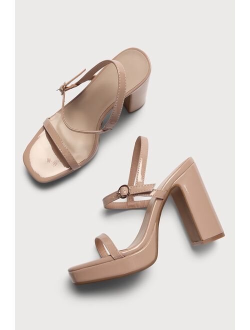 Lulus Sylvia Light Nude Patent Ankle Strap Platform Heels