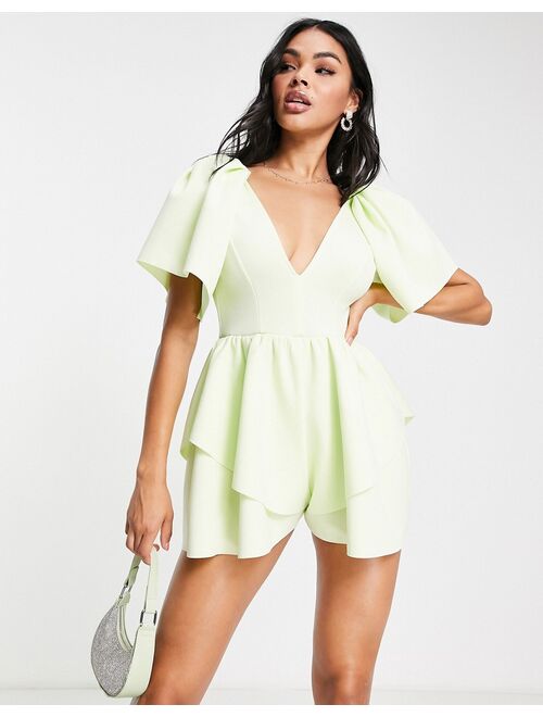 ASOS DESIGN scuba puff sleeve double layer romper in pastel green