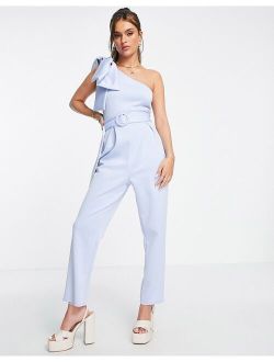 scuba bow one shoulder belted jumpsuit in pastel blue