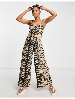 corset wide leg jumpsuit with wicker belt in zebra print