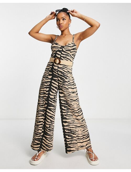 ASOS DESIGN corset wide leg jumpsuit with wicker belt in zebra print