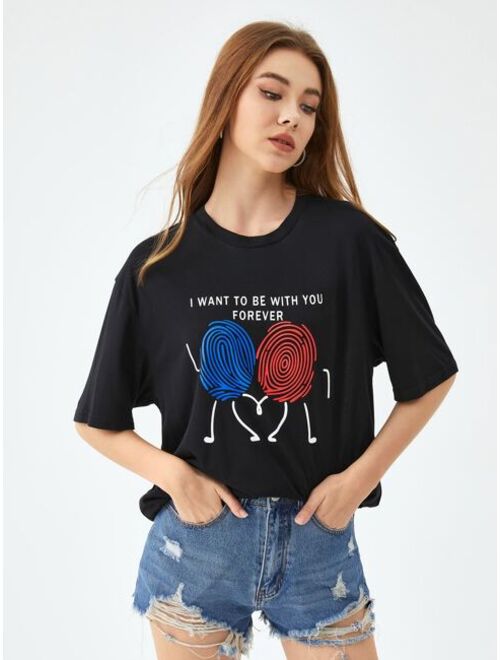 SHEIN UNISEX 1pc Slogan & Cartoon Graphic Drop Shoulder Tee