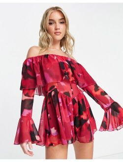 bardot floaty flared chiffon romper in blurred floral