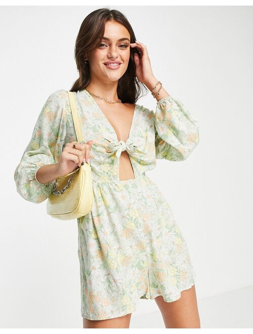 Miss Selfridge bunny tie front romper in green retro floral