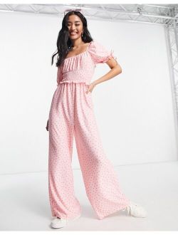 shirred puff sleeve jumpsuit in pink dot