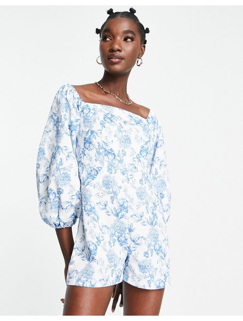 River Island floral puff sleeve romper in light blue