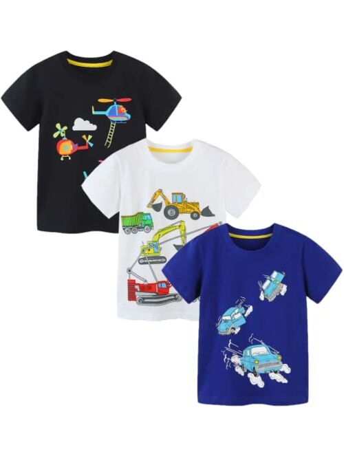 Hileelang Boys' Short-Sleeve Tees Cotton Casual White Blue Graphic T-Shirt Crewneck Summer Top Clothes Shirts Packs Sets