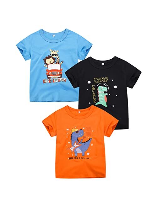 DEEKEY Toddler Little Boys 3-Pack Outfit Crew Neck Short Sleeve T-Shirts with Chest Print Top Tee Size 1-7 Soft Cotton Years