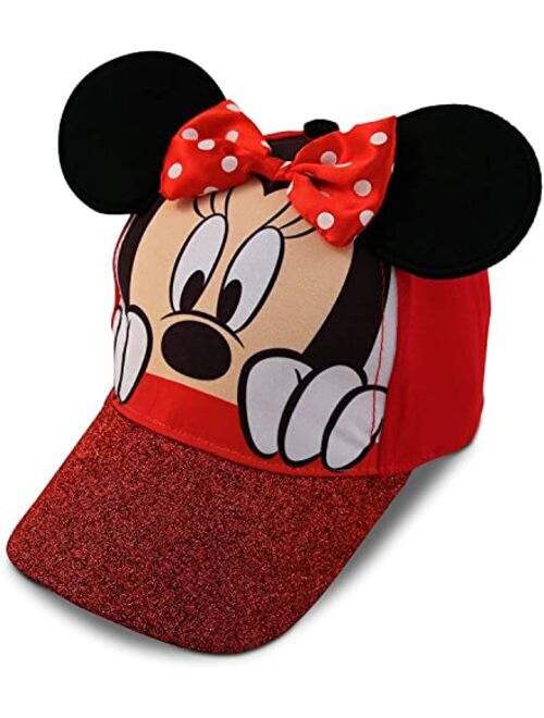 Disney Girls Minnie Mouse Cotton Baseball Cap 3D Ears Glitter Rim (Toddler/Little Girls)