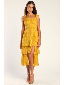 Celebration Chic Yellow Polka Dot Tie-Strap Tiered Maxi Dress