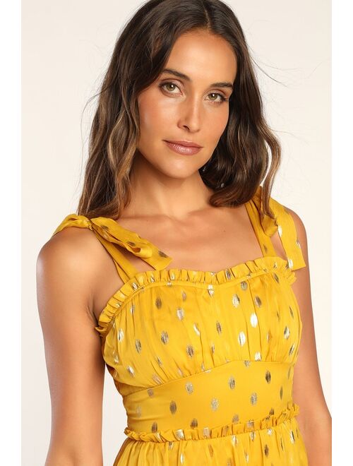 Lulus Celebration Chic Yellow Polka Dot Tie-Strap Tiered Maxi Dress